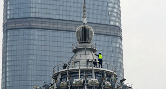 This 1000-ton tuned mass damper at the top of Shanghai Tower (632m) stabilizes the skyscraper during earthquake and typhoon by counteracting the building’s sway.